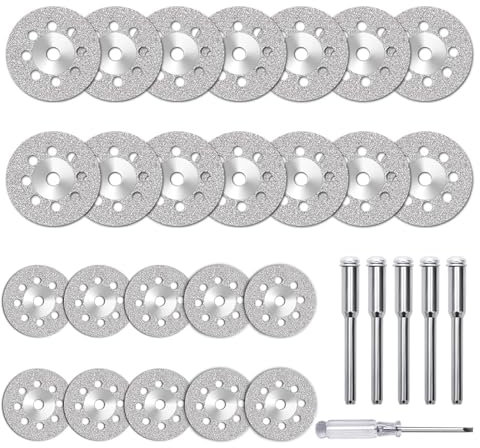 25 Stück LAINIKE Diamant Trennscheiben 22mm Mini Gelochte Trennscheiben Diamant Schneidscheiben Diamantscheibe mit 5 Stück 3 mm Dorn für Rotationswerkzeug Zubehör, Fliese, Glas, Stein, Holz