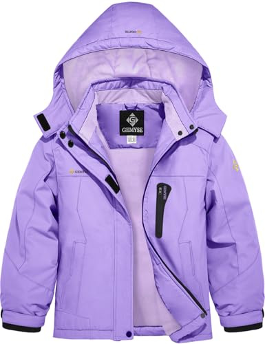 GEMYSE Veste de Ski Hiver pour Fille Enfant Blouson Chaud Imperméable Coupe-Vent avec Capuche et Doublure Polaire pour Neige de Montagne(Violet Clair avec Doublure Violet Clair,152-158)