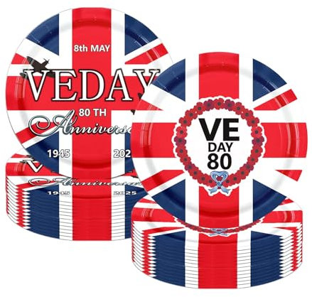 32Pcs VE Day Plates 80th Anniversary Party Tableware,Celebration VE-Day 80th Paper Plates Memorabilia Party Plate Victory in Europe,VE 80 Years Dinnerware Kit for Celebrat Partys Plate Décor