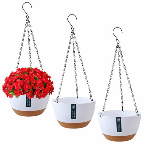 Exquilnova 3 macetas colgantes, cesta colgante con agujeros de drenaje y platillos, soporte colgante para plantas y interiores (blanco)