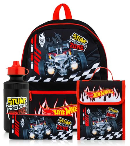 Hot Wheels Mochila infantil de 4 piezas, incluye bolsa de almuerzo, botella de agua y estuche. Juego de regreso a clases