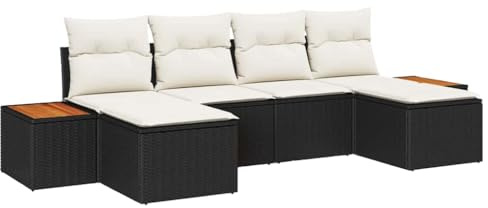 vidaXL Garten-Sofa-Set mit Kissen 6 pcs Schwarz Poly Rattan, Alfresco Sitzgruppe, modernes modulares Garten-Sofa, Outdoor-Sektion, Balkon-Set, Loungemöbel