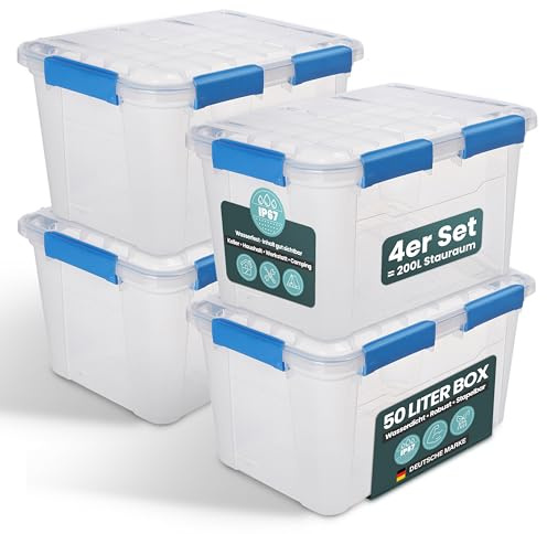 Kreher Aufbewahrungsbox mit Deckel, wasserdicht (50 Liter, Nr. 4) | Staub- & luftdicht dank Silikondichtung und Clips, transparent und stapelbar, BPA- & schadstofffrei, robuste Kunststoffbox
