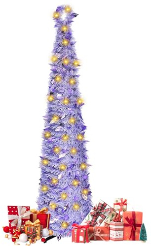 Weihnachtsbaum Künstlich,1,5m Künstlicher Weihnachtsbaum mit 50 LEDs und Stern Spitze,Pop Up Spiral Weihnachtsbaum Künstlicher Tannenbaum Christbaum Dekobaum für Wohnung,Veranda (Hellviolett)