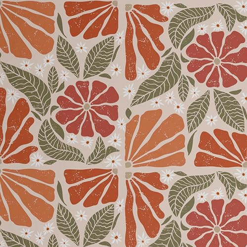 S4Sassy Papier peint décoratif autocollant style bohème, imprimé fleurs audacieuses, vinyle texturé imperméable, orange, 63 x 152 cm, revêtement mural amovible pour chambre et salle à manger