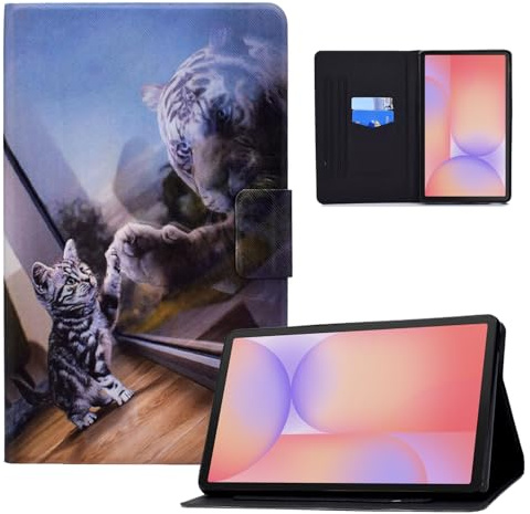 Coque pour Samsung Galaxy S10 Lite 10.9 Pouces 2025 S10 FE 10,9 2025/S9 FE 10,9/S9 11 Pouces PU Housse Étui de Protection avec Support Fonction Fentes Cartes Flip Cover Chat et Tigre