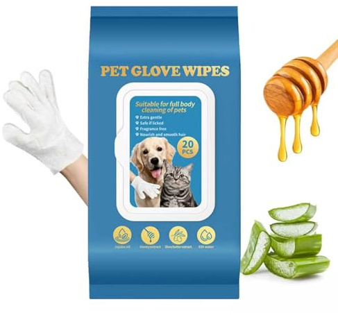 (20 Count) Extra Thick Pet Cleaning Glove Wipes for Dogs & Cats, Dog Ear Wipes, Hypoallergenic Deodorizing Pet Bathing Wipe for Cat, Grooming Wipe for Fur, Ear, Eye, Paws, Rinse Free, Unscented