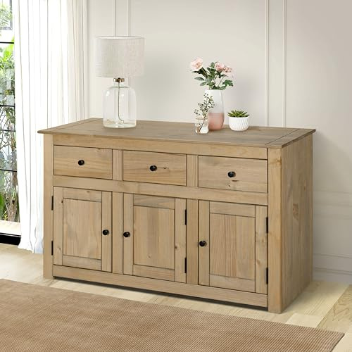 Mews Panama Sideboard 3 Door 3 Drawer Solid Pine Wood Waxed Oak Finish