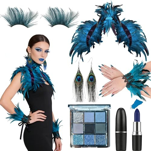 YDUNARISE 6 Stücke Pfau Kostüm Damen Accessoires,mit Federumhang Feder Manschetten Make-up-Set Ohrringe Lidschatten Wimpern Lippenstift,für Karneval Masquerade Halloween Cosplay