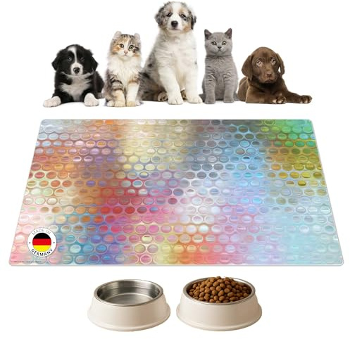 Napfunterlage | Futtermatte für Hunde und Katzen „Regenbogen-Punkte Glas “ aus Premium Vinyl - 60x40 cm – rutschhemmend, abwaschbar, reißfest - Made in Germany