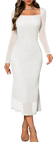 DRESSTELLS Sequin Formal Dresses for Women, Sparkly Long Sleeve Bodycon Mesh Cocktail Wedding Guest Evening Party Prom Gala Funeral Dress White M