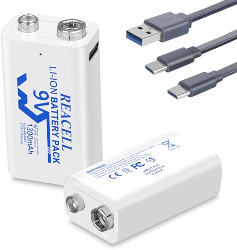 REACELL 2X 9V 1300mAh Lithium Recargable Batería con Cable de Carga USB-C