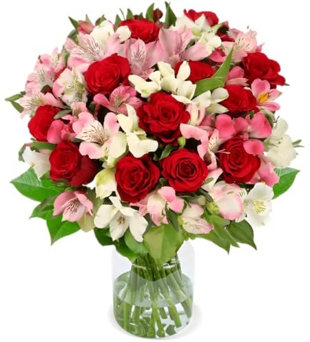 Blumenstrauß Liebesgruß XL“ | Rosen, Inkalilien & Mehr | Rot, Pink & Weiß | Top Qualität | 7-Tage-Frischegarantie | Wunderschöne Geschenkidee