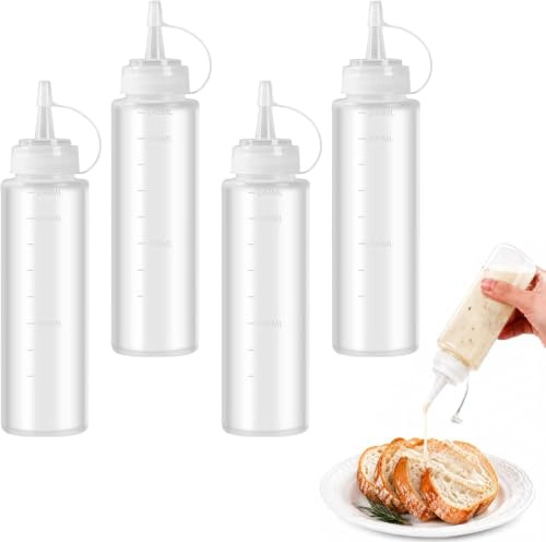 4 Stück Squeeze Flasche, 240ml Quetschflasche für Saucen,Öl, Plastik | 8 oz Squeeze Bottle, Saucenflasche für Sauce, BPA-frei Dosierflasche mit Kappen&Skala, Spritzflasche für Ketchup