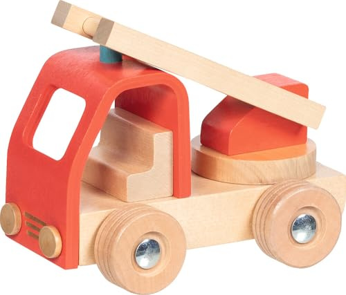 goki 55839 – Feuerwehr Leiterwagen, Schiebefahrzeug aus Holz mit beweglicher Leiter, Robustes Einsatz-Spielzeugauto für Kinder ab 2 Jahren