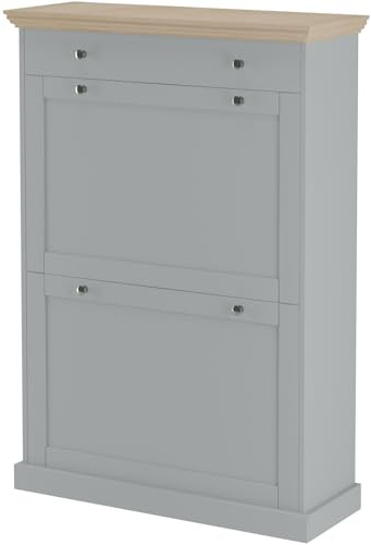 Binz Schuhschrank Eicheoptik Grau, 80 x 30 x 105 cm, Schuhkipper mit 2 Klappen und Schublade, Schuhschrank aus FSC-zertifiziertem Holzwerkstoff mit Metallgestell