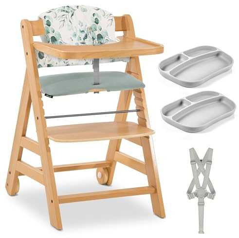 hauck Alpha Plus Move Set de Tronas de Bebe de Madera con Bandeja - Cojín y 2 Platos de Silicona - Silla Evolutiva con Ruedas - Natur/Leaves Mint