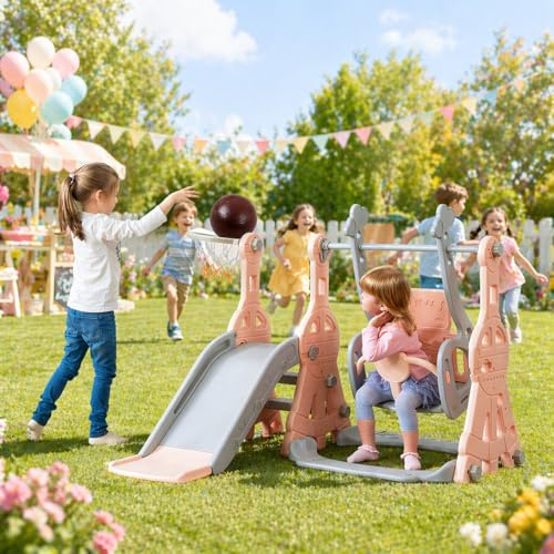 Kinderrutsche 4 in 1 mit Schaukel, Babyrutsche, Spielplatz für Babys drinnen und draußen, mit Schaukeln, Rutsche, Treppe und Basketballkorb, multifunktionale Rutsche (Rosa, A)