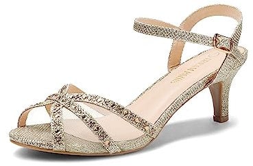 DREAM PAIRS Heels Sandals for Women Ankle Strap Low Kitten Wedding Shoe for Bride Party Dress,GOLD Size 8 UK, NINA-150