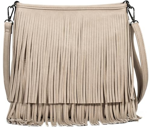 Big Handbag Shop Tassel Fringe Shoulder Bag for Women – Faux Leather Crossbody Messenger with Long Strap – Dakota (Beige)