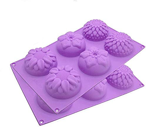 2 Sets 6 Mulden Silikon gemischte Blumen Seife Kuchen Form Formen Badebomben Formen Chrysanthemen Sonnenblume verschiedene Blumenformen Cupcake Backing Muffinform Handmade DIY Formen