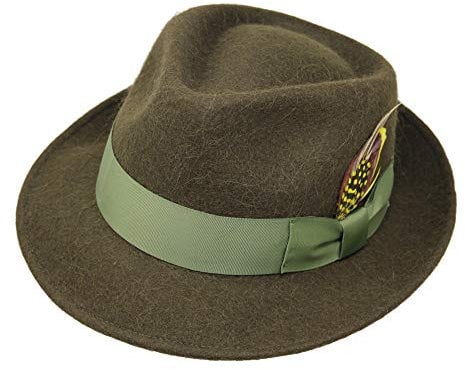 Borges & Scott Alpaka Doyle - Teardrop Fedora Hut - Alpaka Wollfilz - Abnehmbare Feder – Für die Reise aufrollbar - Wasserabweisend - Unisex - 60cm Moosgrün