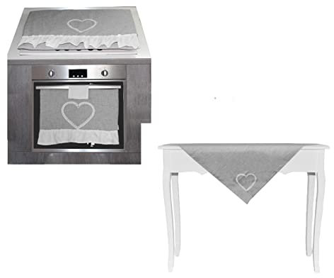 Russo Tessuti Coordinato Cucina Living Cuore Bonheur Grigio CopriForno Fornello Centro Runner-Set Centro