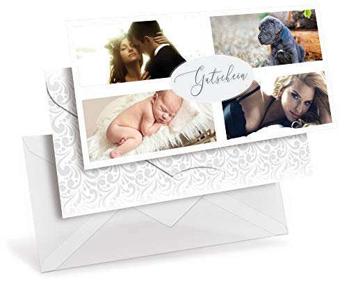 Premium Gutscheinkarten (10 Stück) mit transparenten Briefumschlägen - Geschenkgutscheine für Fotostudio, Fotografen, Fotografie - DIN lang Faltkarte verschließbar