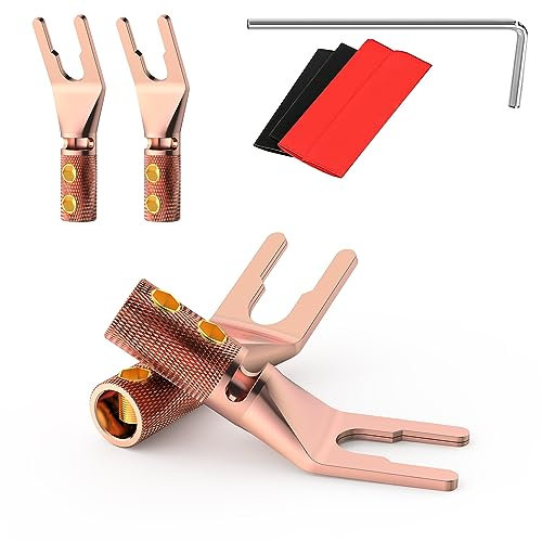 4PCS Spade Connector,45 Degree Pure Copper Audio Fork Y Spade Plug DIY with Heat Shrink Tubing and Hex Wrench,Dual Screw Locking Speaker Cable Plug for Speaker Cables (Knurled)