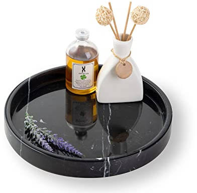 PHINILUX Vassoio rotondo in 100% marmo italiano, 25,4 cm, vassoio decorativo e da portata per frutta, per bagno, cucina, comodino, portagioie, anello per gioielli, decorazione da tavolo, nero