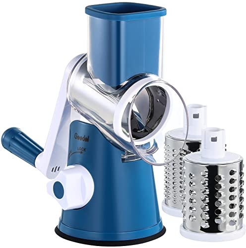Käsereibe, Reibe für Gemüse mit 3 Trommelblättern, Trommelreibe Schnelleres und Einfaches Schneiden, Gemüseschneider Ideal für Käse, Gurken, Karotten, Nüsse usw. (Blue)
