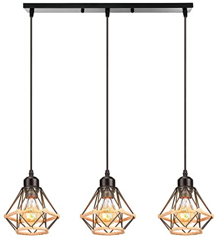 iDEGU 3 Luces Lámpara Colgante Vintage 16CM Lámpara de Techo Industrial de Metal con Cuerda de Cáñamo Retro Diseño Jaula E27 Iluminación de Techo para Comedor Dormitorio Restaurante Salón (50cm Poste)