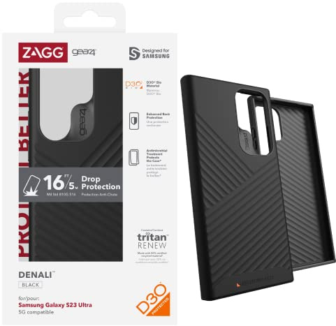ZAGG Gear4 Denali Handyhülle für Samsung Galaxy S23 Ultra (Texturiert), D30 Fallschutz bis zu 5 m, funktioniert mit kabellosen Ladesystemen, verstärkte Rückplatte mit Kanten-zu-Rand-Schutz, Schwarz