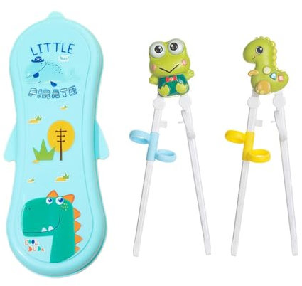 2 pares de palillos de entrenamiento, palillos para niños, palillos de dibujos animados, antideslizantes, fáciles de agarrar, adecuados para niños, con caja de almacenamiento, reutilizables (verde)