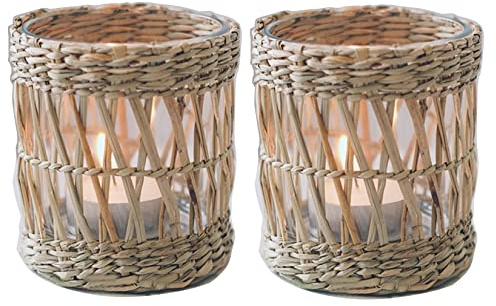 QIAOIDEA Geflochtener Rattan-Teelichthalter, 2er-Set, handgefertigter gewebter Votivkerzenhalter, rustikaler Vintage-Seegras-Glas, Votivkerzenhalter für Esstisch, Weihnachtsdekoration