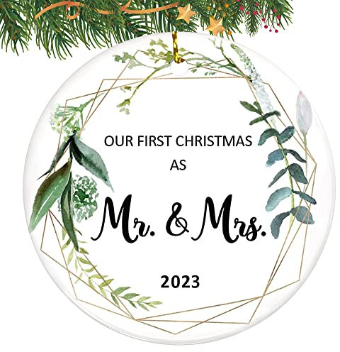 Hochzeitsgeschenke für Paare, Unser erstes Weihnachten als Mr & Mrs Ornament 2023, Brautdusche Geschenk, 1. Weihnachten verheiratete Ornamente, Weihnachtsbaumschmuck Brautpaar Weihnachtskugel