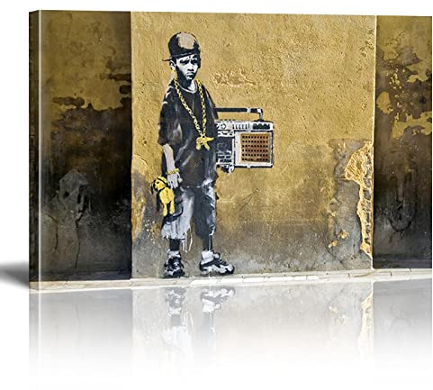 Banksy Bilder Hip Hop Kid Banksy Wandbilder XXL Leinwand-Bild Graffiti Street Art Modern Bild für Wohnzimmer Büro fertig Home Wanddekoration zum Aufhängen Mit Rahmen(60×80cm)23.6×31.5 Zoll