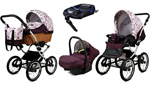 BabyLux Kinderwagen 4in1 mit Autositz für Kleinkinder – Kinderwagen für Neugeborene und Kleinkinder –– Baby Neugeborenen Kinderwagen – ISOFIX Autositzbasis – Max 15kg – Maroon Flowers Silver Frame