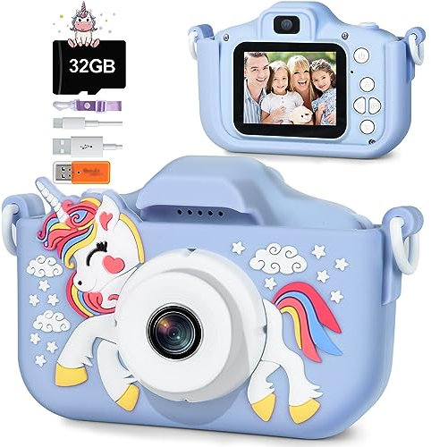 Ulikey Appareil Photo Enfant, 2.0 Pouces Licorne Appareils Photos Numériques pour Enfants, HD 1080P Caméra Selfie Jouet avec 32G SD Carte, Licorne Mini Caméra Enfant pour Filles Garçons de 3-12 Ans