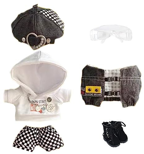 niannyyhouse 20cm Plüsch Puppe Kleidung Schwarz und Weiß Nebel Set Barett Hoodie Hosen Brille Weste Schuhe Weiche Gefüllte Plüsch Spielzeug Dress Up (20cm)