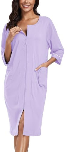 COLORFULLEAF Damen Bademantel mit Reißverschluss Leicht Morgenmantel 100% Baumwolle Hausmantel 3/4 Ärmel Nachthemd mit Taschen(Lila,M)