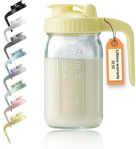 Miradexic 32oz Glass Pitcher with Lid & V-Shaped Pour Spout - 1 Quart Breastmilk Pitcher Double Leak Proof, Creamer Container for Sun Tea, Juice, Cold Brew Coffee, Breastmilk Storage Container