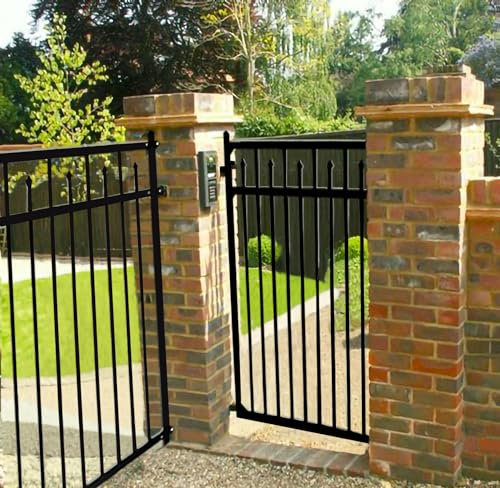 Nuwovwo Steel Fence Gate 6ft H x 4.2ft W, Black, Galvanized Steel, DIY Installation Kit for Garden Fence/Backyard, Wrought Iron Style Metal Gate