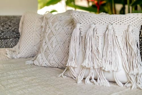 BALI BALI Boho Geflochtener Kissenbezug aus Makramee,Dekoratives Boho-Kissen 40x40 mit Fransen,Kissenbezug Makramee DUA