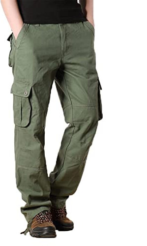 Yageshark Pantalon Cargo en Coton pour Homme - 6 Poches, Coupe Droite, d'Extérieur, Loisirs, Randonnée, Trekking - Olive, Taille 44