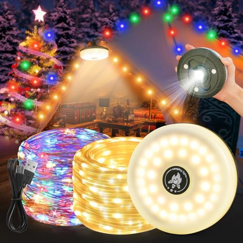 DAJILI 8 in 1 Camping String Lights, 33Ft/10M 100 LED Portable Outdoor Camping String Lights Reel with 8 Modes, 2000mAh Rechargeable Camping Fairy Lights for Tents, Backyard, Party Festival Decor