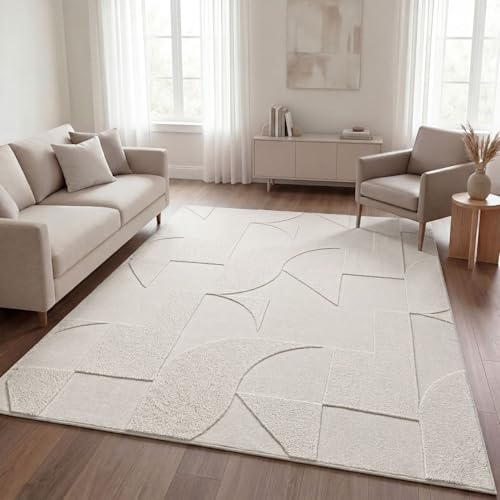 TT Home Wohnzimmer Teppich Schlafzimmer Hochflor Skandinavisches Design Unifarben Geometrisch Boho Style Modern Waschbar, Creme 2, 200x280 cm