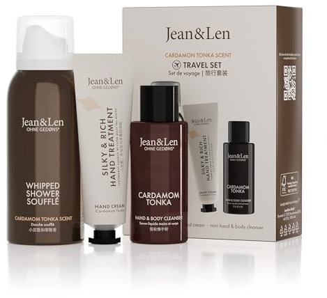 Jean & Len Travel Set Cardamom & Tonka, ideales kleines Geschenk oder Mitbringsel, Produkte für Körper und Geist, Verpackung ist FSC zertifiziert, kleine Reisegrößen, veganes Geschenkset