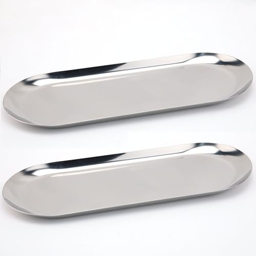 Fermus Juego de 2 bandejas decorativas de acero inoxidable de 12 pulgadas, organizador de cosméticos, bandeja de almacenamiento pequeña, ovalada, plateada