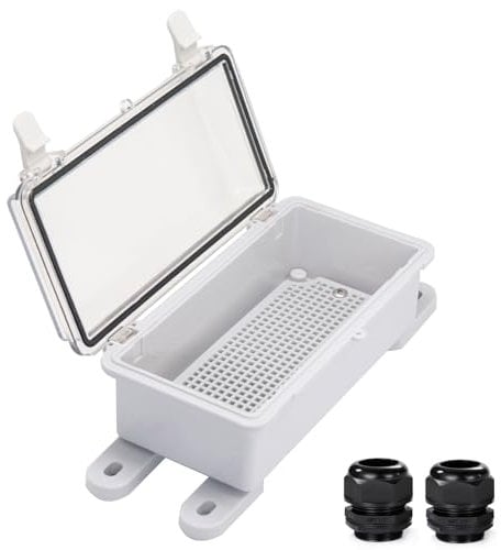 Wasserdichte Outdoor-Elektrobox Anschlussdose Wetterfest IP67 ABS-Kunststoffgehäuse Schalter-Router-Projektbox mit Montageplatte mit Wandhalterung 2 Kabelverschraubungen Klar 20,1 cm x 9,9 cm x 7,1 cm